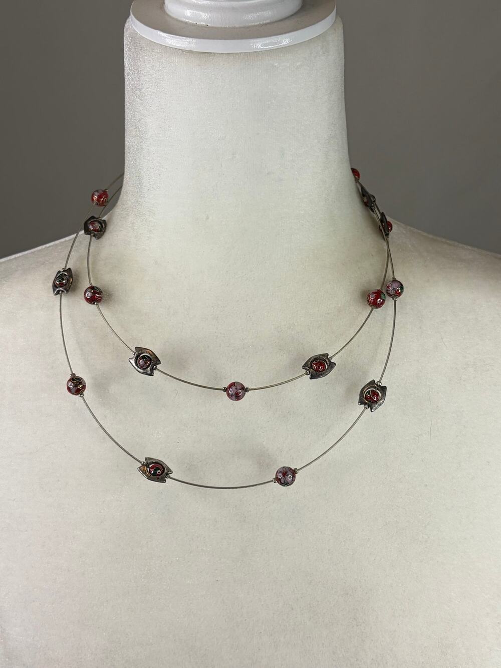 Chico's Cloisonné Beaded 2 Strand Layered Necklace Silver Tone